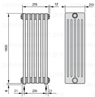 Схема (чертеж) Радиатор Zehnder Charleston 6180/6 №3570 Белый глянцевый RAL 9016